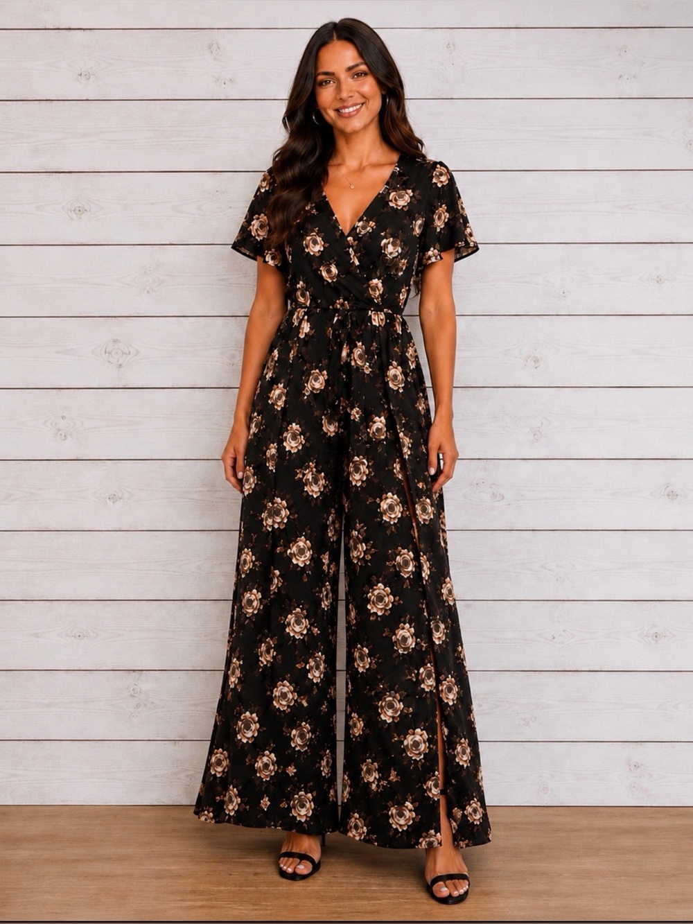 Live 4 Truth Black Floral Maxi Romper Split Leg Pantsuit Resort Vacation Club 2X - Picture 1 of 14